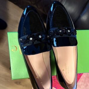 Kate Spade Black Patent Leather Loafers with Embellished Bow